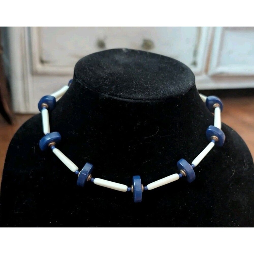 Miriam Haskell Designer Geometric Necklace Collectible Beaded White Blue Luxury